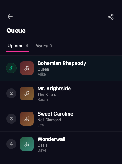 k5e Spot performer app showing the live song queue